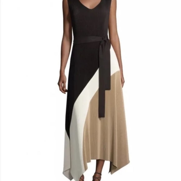 Lafayette 148 asymmetrical colorblock dress. black, tan size large - Picture 1 of 16
